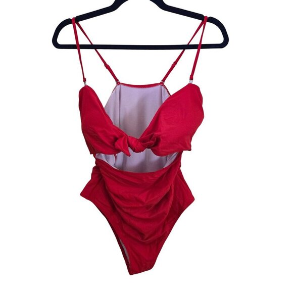 Stunning Red Bandeau Tie Front Cut Out One Piece Swimsuit Size XL - Picture 2 of 9